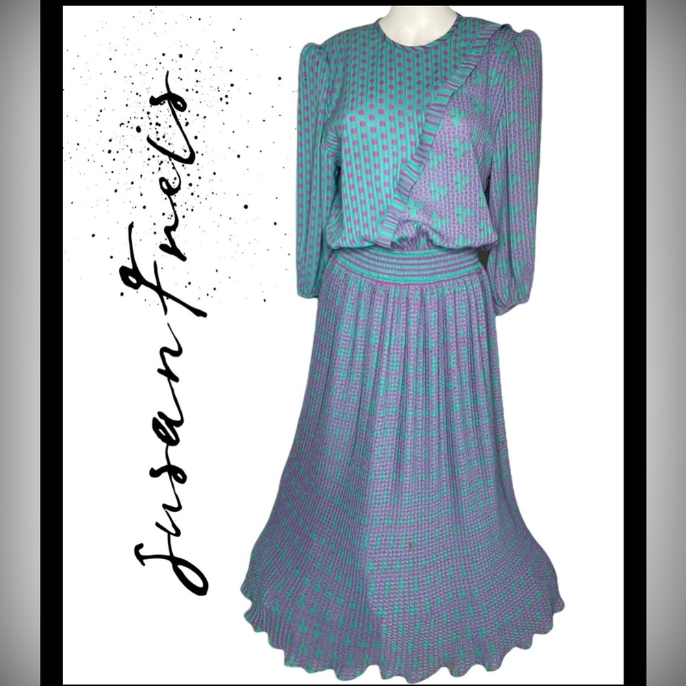 Vtg  Grandma’s Dress Susan Freis Polka Dots Pleated Skirt Sz Small Ruched Band